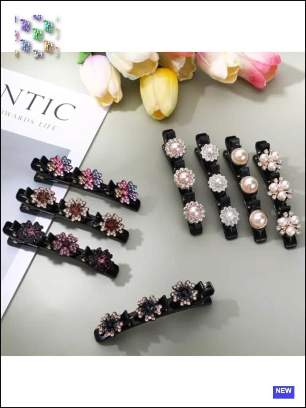8 Pcs Braided Hair Clips Double-Layer Flower Pearl Crystal Stone Clips